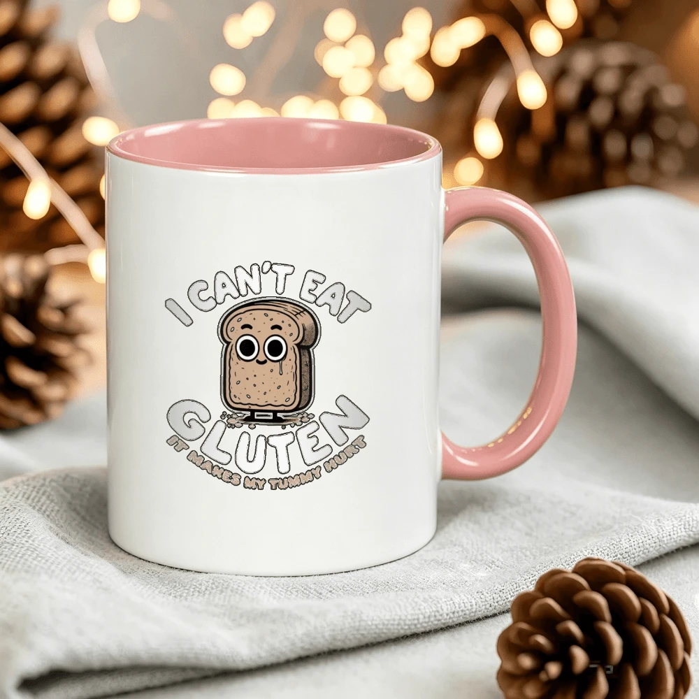 Taza de café de cerámica con estampado de rebanada de pan triste "No puedo comer gluten me duele la barriga" estética minimalista regalo de cumpleaños asequible. - Rosa - Ver 1