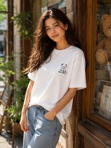 Women's Cute Teddy Bear Graphic T-Shirt, 100 Percent Cotton Summer Tops, Top For Woman For Casual Wear, Going Out Top Women - Little Bear(White) - 查看 2