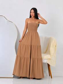 Strapless Dress, Plain, Casual, Elegant Fabric, Hem With Ruffle, One Size Fits 36 To 42, Wedding, Timeless, Crepe Fabric With Elastic Lining, 3 Tiers. - 肉桂米色 - 查看 1