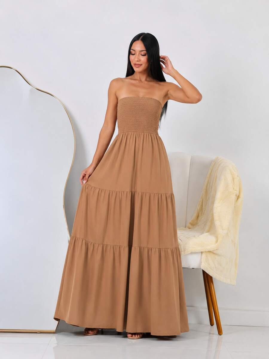 Strapless Dress, Plain, Casual, Elegant Fabric, Hem With Ruffle, One Size Fits 36 To 42, Wedding, Timeless, Crepe Fabric With Elastic Lining, 3 Tiers. - 肉桂米色 - 查看 1