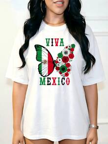 Curvy Fashion - Viva Mexico Mexican Independence Day Butterfly Flower Mexico T-Shirt. PNG, Casual Women's T-Shirts - 布蘭科正面 - 查看 1