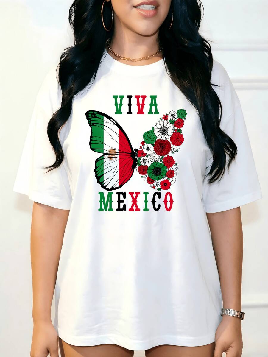 Curvy Fashion - Viva Mexico Mexican Independence Day Butterfly Flower Mexico T-Shirt. PNG, Casual Women's T-Shirts - 布蘭科正面 - 查看 1