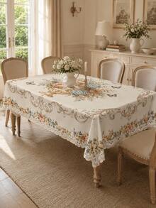 French Country Style Floral Tablecloth, Polyester Material Dining Table Cover, Printed With Pale Rose Bouquet, Blue Flowers, Butterflies And Elegant Scroll Border Pattern, Suitable For Wedding, Kitchen, Banquet And Home Decor Elegant Tea Break Decoration - Multicolor - View 13