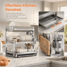 Kitchen Accessories, Large Capacity Stainless Steel Dish Drying Rack - Double Layer Kitchen Dish Rack With Drip Tray, Multi-Functional Rust-Proof Dish Drying Rack, Suitable For Home Kitchen Countertop - Space-Saving, Easy To Clean, Durable Kitchen Accessory - Silver - View 2