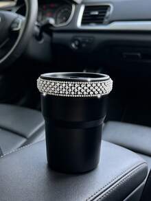 Caja de almacenamiento para coche con diamantes de imitación y perlas, cubo de miscelánea para coche, caja de almacenamiento, mini papelera para el interior del coche, organizador de monedas para la consola central - A - Ver 7