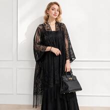 1pc Solid Color Floral Print Bohemian Casual Polyester Shawl, All Season, Lace, Lightweight, Quick Dry - Black - View 1