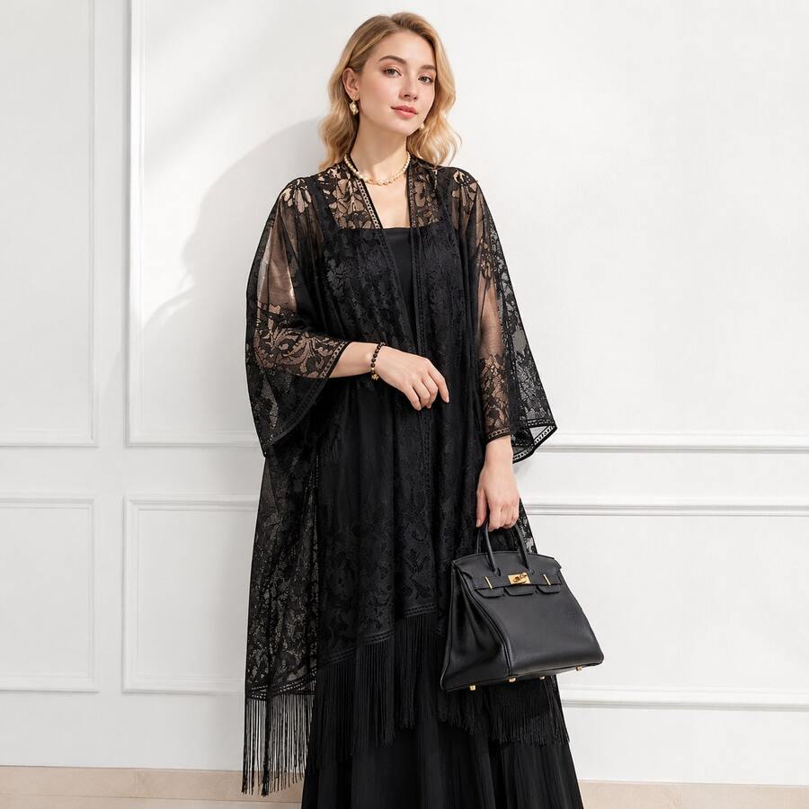 1pc Solid Color Floral Print Bohemian Casual Polyester Shawl, All Season, Lace, Lightweight, Quick Dry - Black - View 1