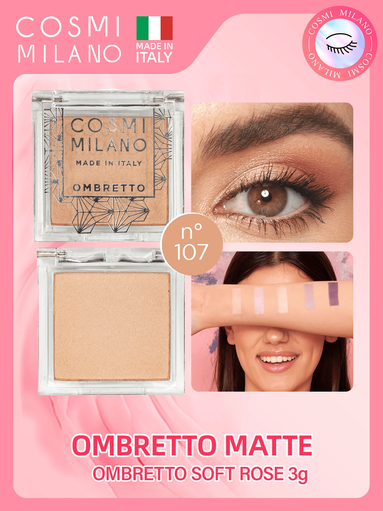 COSMI MILANO Made In Italy Holographic Shimmer Single-Color Eyeshadow Ultra Fine Pigments Three-Dimensional Iridescence Effect, Easy To Apply Without Flaking Long-Lasting Essential Eye Make-Up For Women Ideal Spring Summer Gift Birthday Party Daily Look And Event - 柔玫瑰 - 查看 1