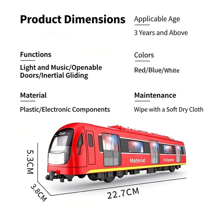 1pc Realistic City Subway Train Toy With Light And Sound Effects, Openable Doors, Inertia Glide, Kids' Favorite Toy Gift - Multicolor - View 1