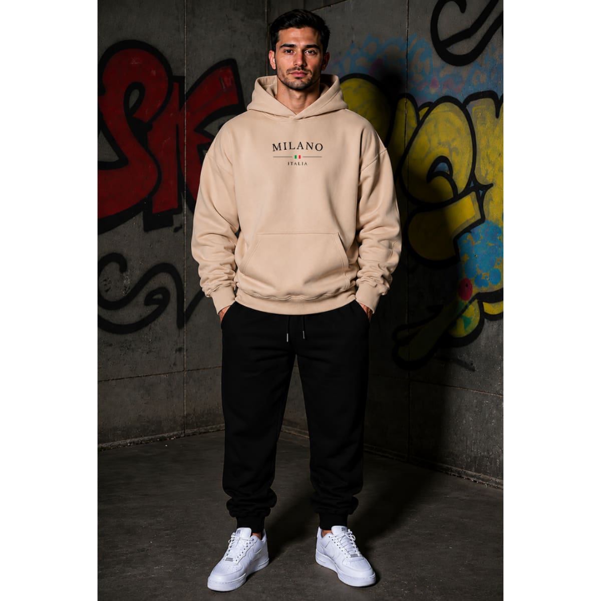 Men's Crewneck Set, Italian Print, Sweatshirt And Sweatpants, Winter Tracksuit Kit, 100% Cotton - 米色 - 查看 1