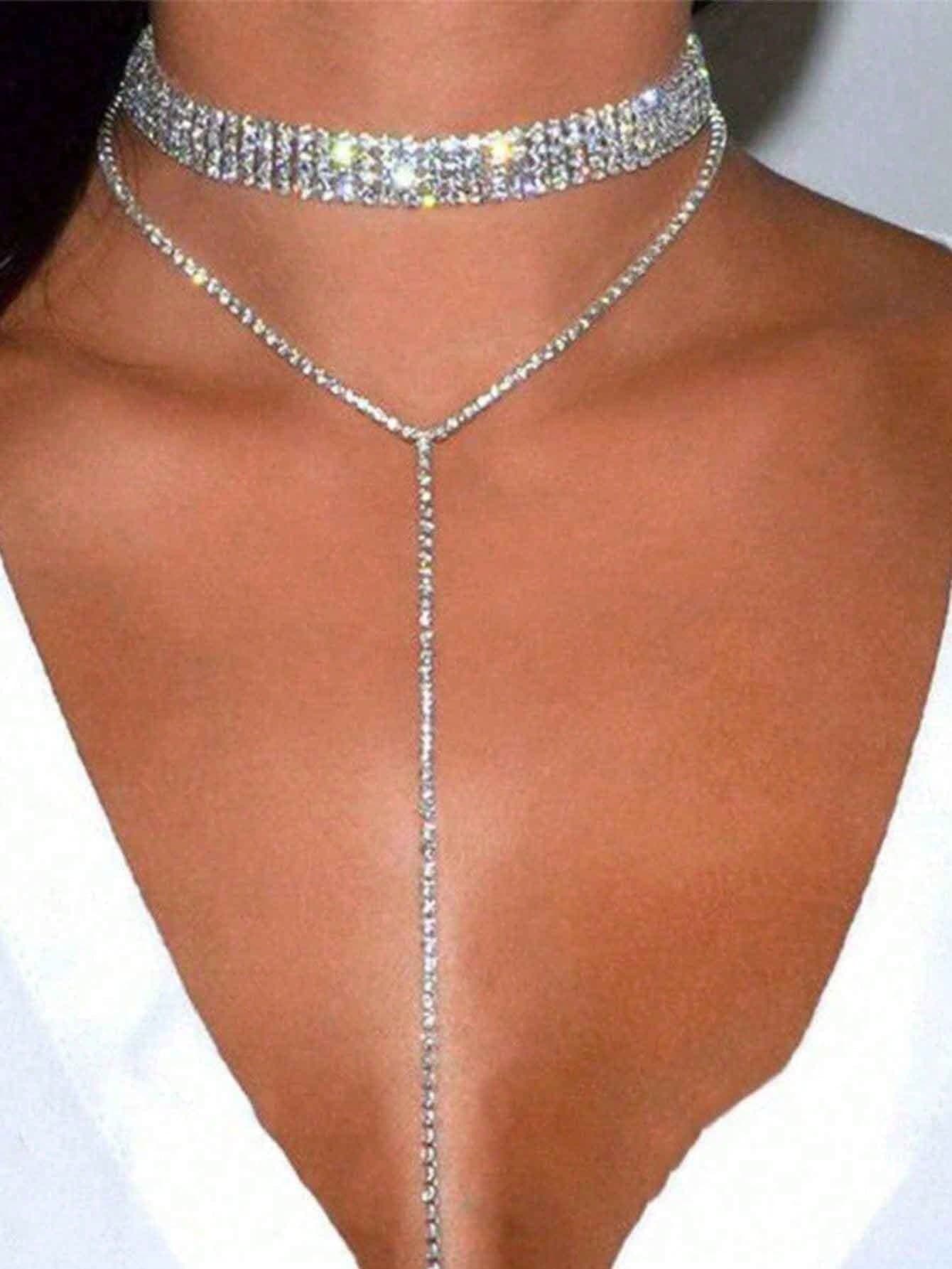 Fashion Rhinestone Long Tassel Halter Necklace Body Chain, Sexy Body Jewelry Accessory For Women - Silver - View 1