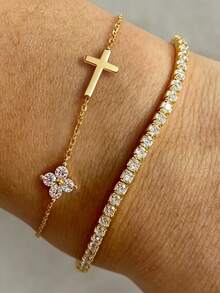 2pcs VceTd Minimalist Luxury Style Stainless Steel Women's Bracelet Set, Featuring Glass-Inlaid Four-Leaf Flower Design And Tennis Chain Design, Suitable For Daily Commute, Travel, Holiday Parties, Or As Valentine's Day Gift For Loved One - Yellow Gold - View 2