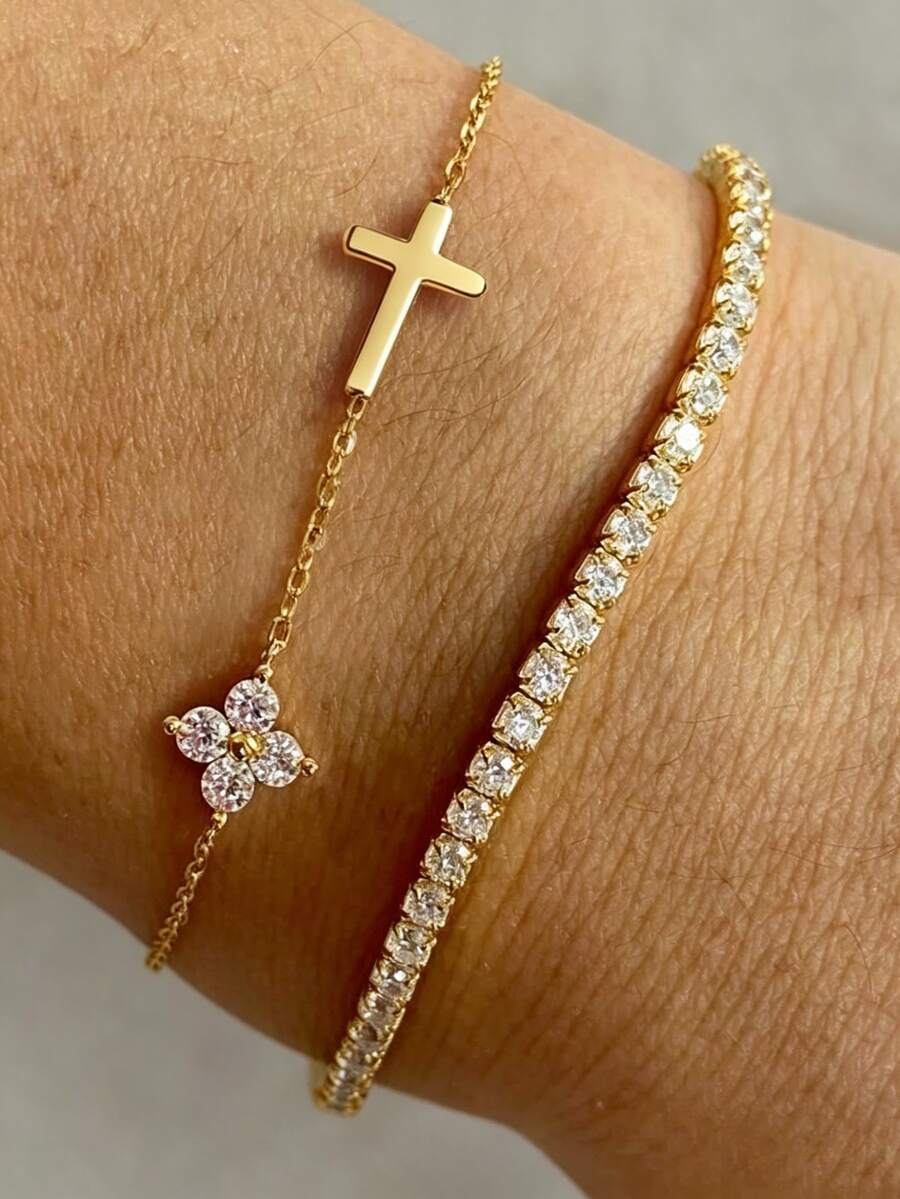 2pcs VceTd Minimalist Luxury Style Stainless Steel Women's Bracelet Set, Featuring Glass-Inlaid Four-Leaf Flower Design And Tennis Chain Design, Suitable For Daily Commute, Travel, Holiday Parties, Or As Valentine's Day Gift For Loved One