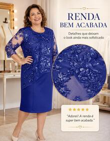 Party Dress Lady Plus Size Godmother Elderly Mothers Grandmother Casual Elegant Gold Silver Wedding Gold Lace Two Pieces Dress + Lace Blouse Overlay Comfortable Luxury Premium Quality - 寶藍色 - 查看 7