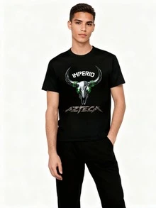 Camisetadesalida de ociocon estampado único diseño moderno estilo casual manga corta cuello redondo tela suave y transpirable ideal para fiestas veranofestivales mexicanos día de la independ - Negro - Ver 2