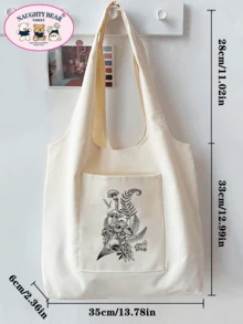 Bolso de lona con estampado de línea de hongo minimalista y de moda - Beis - Ver 2
