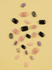24pcs Color Block Polka Dot Short Square Press-On Nails Set, Includes 1 Sheet Adhesive Tabs And 1 Nail File, Suitable For Daily Wear - Multicolor - View 3