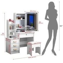 34.8" Elegant White Makeup Vanity Desk With Sliding Lighted Mirror & Touch Control 3-Color Adjustable Lights, 4-Drawer Dressing Table Set With Stool, Storage Shelves –  Space-Saving Vanity Table For Bedroom, Perfect Gift For Women And Girls Birthday - Vanity desk with stool - 查看 1