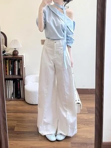 Y6Y 夏季優雅女神風高端質感重要場合華麗青春藍色不對稱領襯衫 - 藍色 - 查看 4