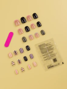 24pcs Color Block Polka Dot Short Square Press-On Nails Set, Includes 1 Sheet Adhesive Tabs And 1 Nail File, Suitable For Daily Wear - Multicolor - View 2