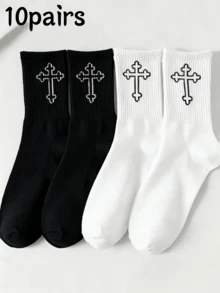 10 Pairs Unisex Black And White Versatile Cross Mid-Calf Socks, Simple Solid Color, Minimalist Daily Wear, Suitable For Everyday Use - Multicolor - View 13