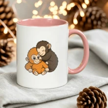 Taza de cerámica con ilustración de monos abrazándose estilo minimalista y estético perfecta para tu bebida matutina o como un regalo de cumpleaños asequible. - Rosa - Ver 5