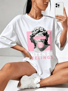 T-Shirt With Sculpture Graphic And Lettering, Off-The-Shoulder Graphic Blouses For Women, Summer Blouses For Women - 白色 - 查看 2