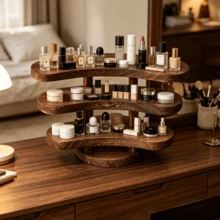 1pc New Vintage Style Wooden Desktop Perfume & Cosmetic Display Rack, Retro Solid Wood Makeup Organizer, Multi-Layer Display Shelf, Vanity Table Perfume & Skincare Storage Rack, Lipstick & Jewelry Organizer, Multi-Functional Storage Rack - Coffee Brown - View 4