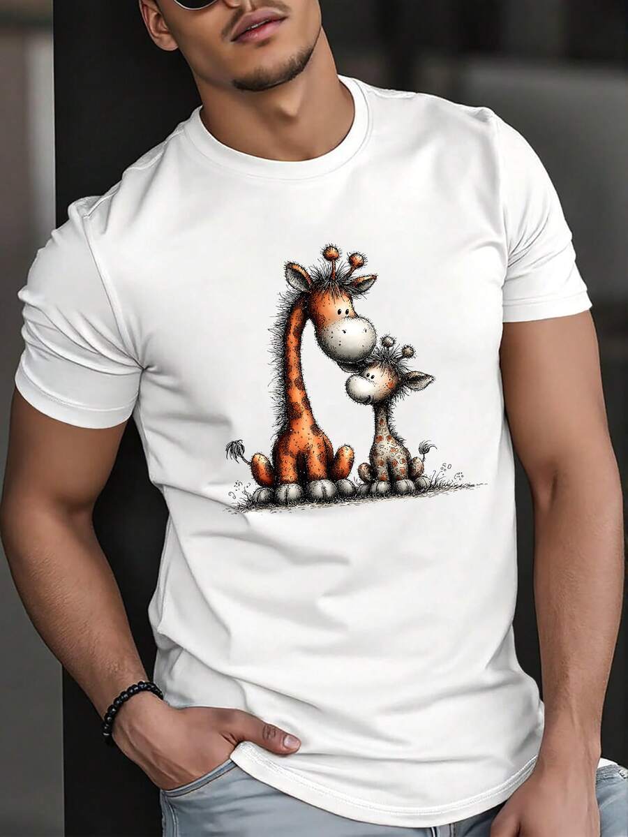 [New Products] Fashion Summer Men's Comfortable Breathable Crew Neck Short Sleeve Solid Color Versatile Cute Giraffe Graphic Casual Daily T Shirt - White - View 1