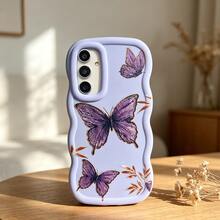 1pc Gold Leaf Purple Butterfly Cute Personalized Creative Fresh Style Golden Leaf Flying Beautiful Innovative European & American Matte Purple Blue Macaron Color Full Coverage Shockproof Fresh Colorful Wave Shaped Cream Style Phone Case Compatible With Samsung///Apple/Transsion//HOT/SMART//RENO///Honor/90LITE - Purple - View 5