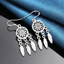 1Pair 925 Silver Plate Earrings With Dreamcatcher Feather Tassel Design For Women Wedding Engagement And Daily Wear Fashion Party Jewelry - Silver - View 1