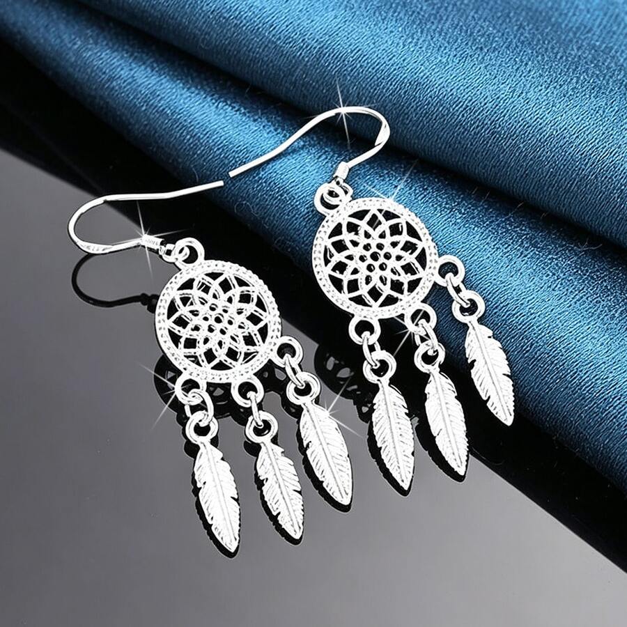 1Pair 925 Silver Plate Earrings With Dreamcatcher Feather Tassel Design For Women Wedding Engagement And Daily Wear Fashion Party Jewelry - Silver - View 1