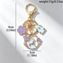 日式簡約兔子鑰匙圈，精緻鋅合金櫻花琺瑯吊飾，優雅多彩花卉與兔子圖案包包鑰匙掛飾，時尚裝飾配件，適合女孩生日禮物 - 彩色 - 查看 2