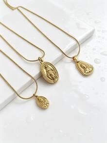 1pc Casual Stainless Steel Gold-Plated Double-Sided Wearable Portrait Geometric Pendant Necklace Men's Daily Holiday Accessory - Silver - View 2