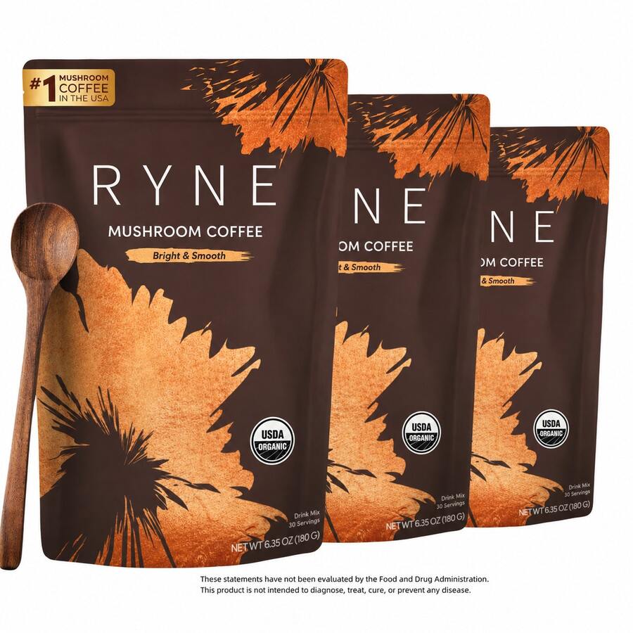 RYNE Organic Mushroom Coffee 3-Pack | USDA Organic | #1 Mushroom Coffee In The USA | 30 Servings Per Bag (6.35oz / 180g Each) | Dietary Supplement - 3包 - 查看 1