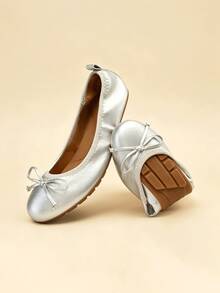 Women Silver Bow Knot Flats Slip On Ballet Flats Round Toe Foldable Comfortable Soft Lightweight Travel Vacation Dress Flats Shoes - 銀色 - 查看 1