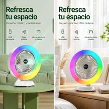 Mini Ventilador con Anillo Luz Arcoíris RGB, Ventilador Inalámbrico Recargable 3 Niveles de Viento - Blanco - Ver 2