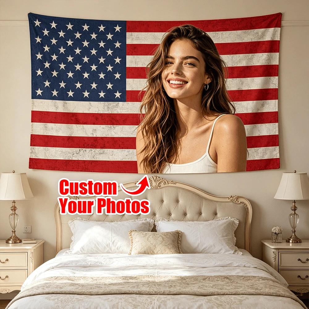 1 Stück anpassbare personalisierte Foto- & Text-Fahne Wandteppich, geeignet für Geburtstag, Hochzeit, Halloween, Weihnachten, Party, Vatertag/Muttertag, Heimdekoration, Schlafzimmer-Ästhetik, Raumdekoration, Schlafzimmerdekoration, Partydekoration Wandteppich - Verschiedenfarbig - Übersicht 1