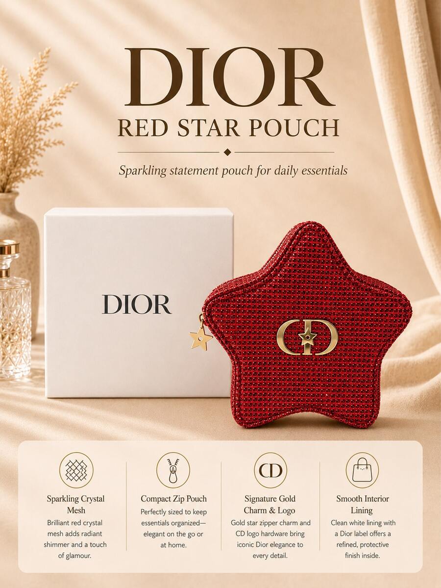 Dior 紅色星星包 14.5*12.5cm，五角星形，小物品適用的緊湊容量，輕量，適合個人使用或送禮