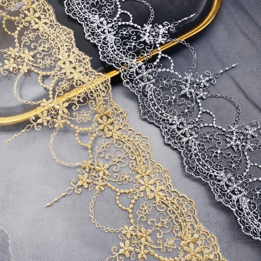 2 Yards Gold Lace Mesh Fabric Trim, Silver Lace Mesh Fabric Trim, Suitable For Handmade DIY Wedding Dress, Evening Gown, Dress, Shirt Collar/Cuff/Hem Decoration, Hanfu, Skirt Accessories, Curtains, Pillows, Lace Trim - Gold - View 1
