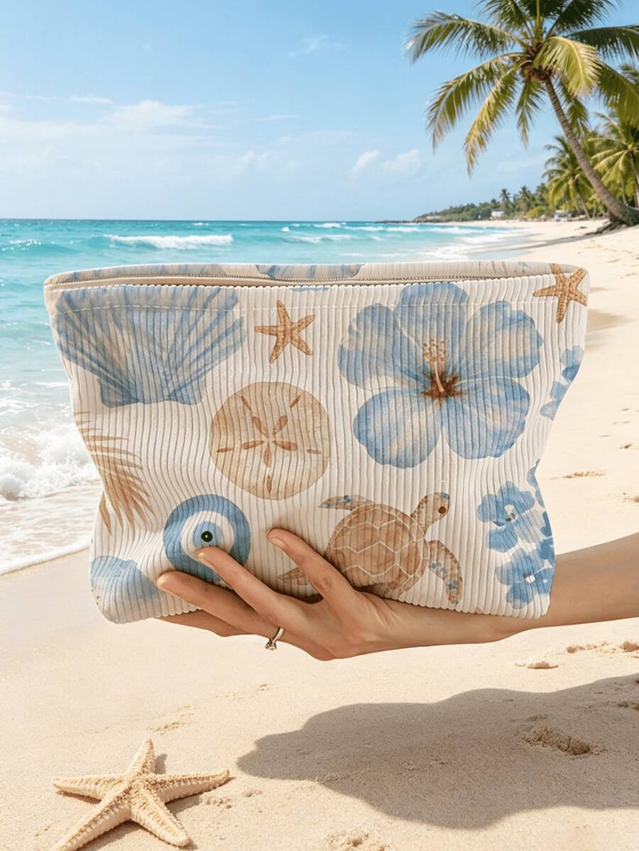 藍色海灘主題化妝包 | 海龜殼花卉印花化妝收納袋 | 夏季印花旅行收納袋 | 旅行必需品 | 泳池邊伴侶 | 洗漱包 | 泳池收納袋 | 母親節禮物 | 教師節禮物 | 適合媽媽、老師、朋友和護士 | 夏季海灘包 | 家居必需品 | 易清潔設計 | 便攜式化妝盒 - 彩色 - 查看 1