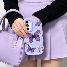 1pc Gold Leaf Purple Butterfly Cute Personalized Creative Fresh Style Golden Leaf Flying Beautiful Innovative European & American Matte Purple Blue Macaron Color Full Coverage Shockproof Fresh Colorful Wave Shaped Cream Style Phone Case Compatible With Samsung///Apple/Transsion//HOT/SMART//RENO///Honor/90LITE - Purple - View 3