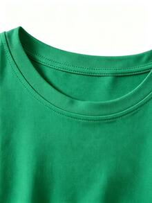 Women's Green Cotton Short Sleeve Round Neck T-Shirt With Virgin Mary Rosary Print, Casual Regular Fit Top For Everyday Wear - 綠色 - 查看 3