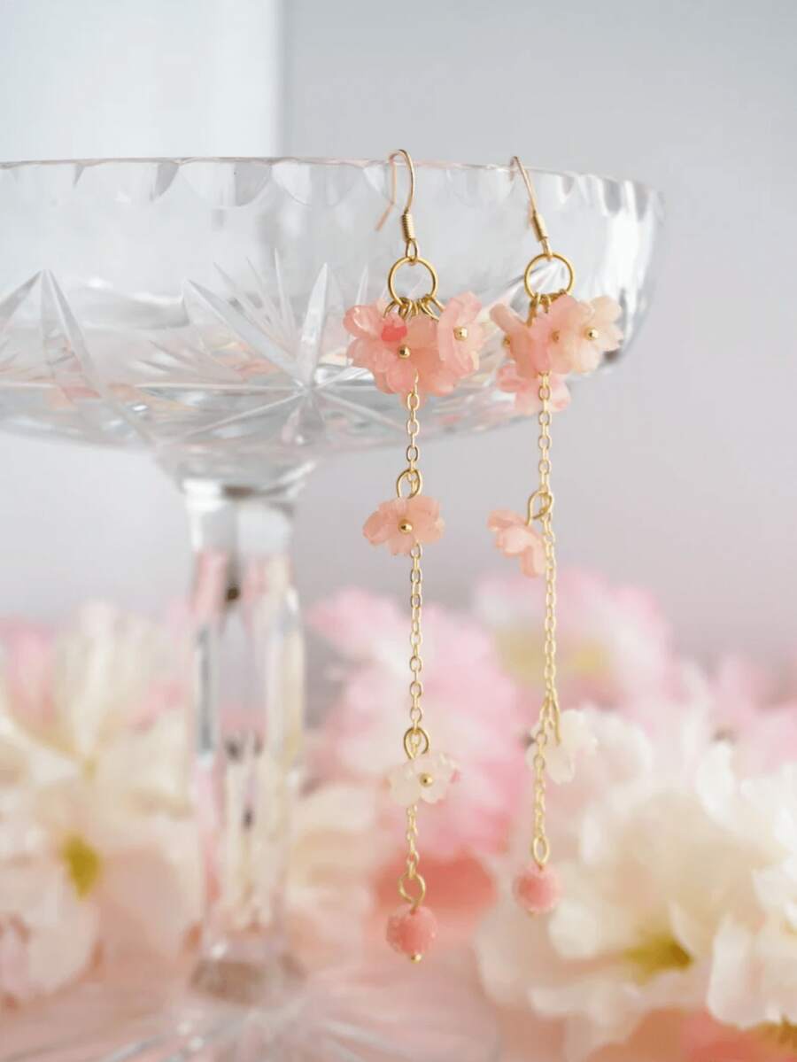 1 Pair Vintage Elegant Fashion Long Pink Rhinestone Tassel Luxury Versatile Pendant Earrings, Suitable For Women's Daily, Party, Travel Wear Jewelry Gift - Pink Flower 2 - View 1