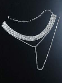 Fashion Rhinestone Long Tassel Halter Necklace Body Chain, Sexy Body Jewelry Accessory For Women - Silver - View 4
