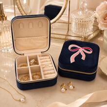 1pc 10cm Coquette Midnight Navy Embroidered Velvet Bow Jewelry Gift Case Storage Box Organizer For Earrings Rings Necklace Bracelets Delicate Keepsake Romantic Holiday - Navy Blue - View 7