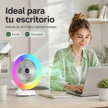 Mini Ventilador con Anillo Luz Arcoíris RGB, Ventilador Inalámbrico Recargable 3 Niveles de Viento - Blanco - Ver 7