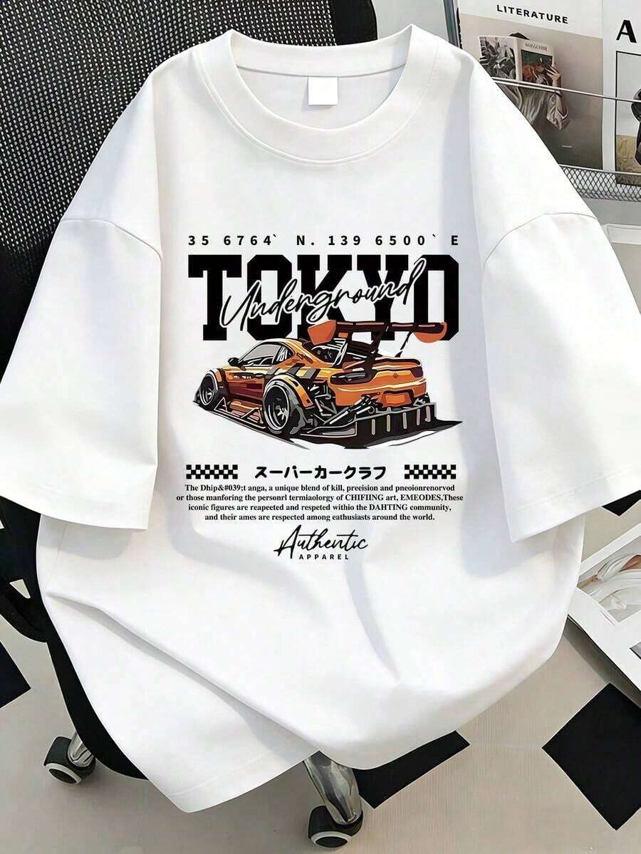 New Women's Cotton Summer T-Shirt, Tokyo Y2K Racing Car Print, Breathable Men's Casual T-Shirt For Everyday Couple Looks - 白色 2 - 查看 1