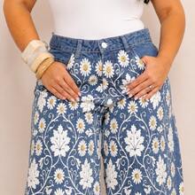 Wide Leg Jeans - Floral Print - High Waist - Shaping - Premium Style - 藍色 - View 2