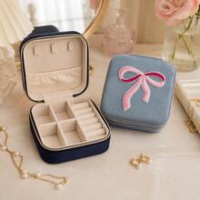 1pc 10cm Coquette Midnight Navy Embroidered Velvet Bow Jewelry Gift Case Storage Box Organizer For Earrings Rings Necklace Bracelets Delicate Keepsake Romantic Holiday - Navy Blue - View 3